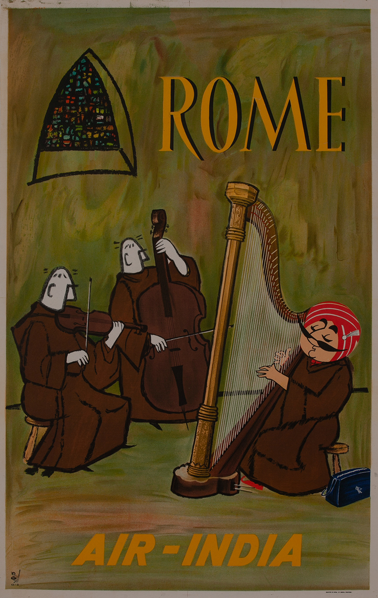 Air India Travel Poster Rome, Maharajah Playing the Harp