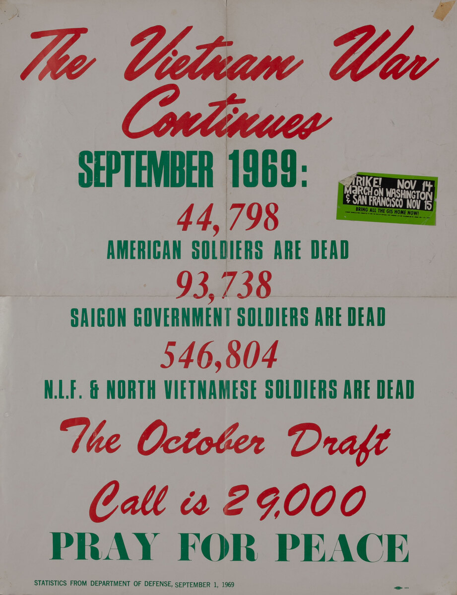 The Vietnam War Continues Pray For Peace Original American Anti-Vietnam War Protest Poster, September 1969