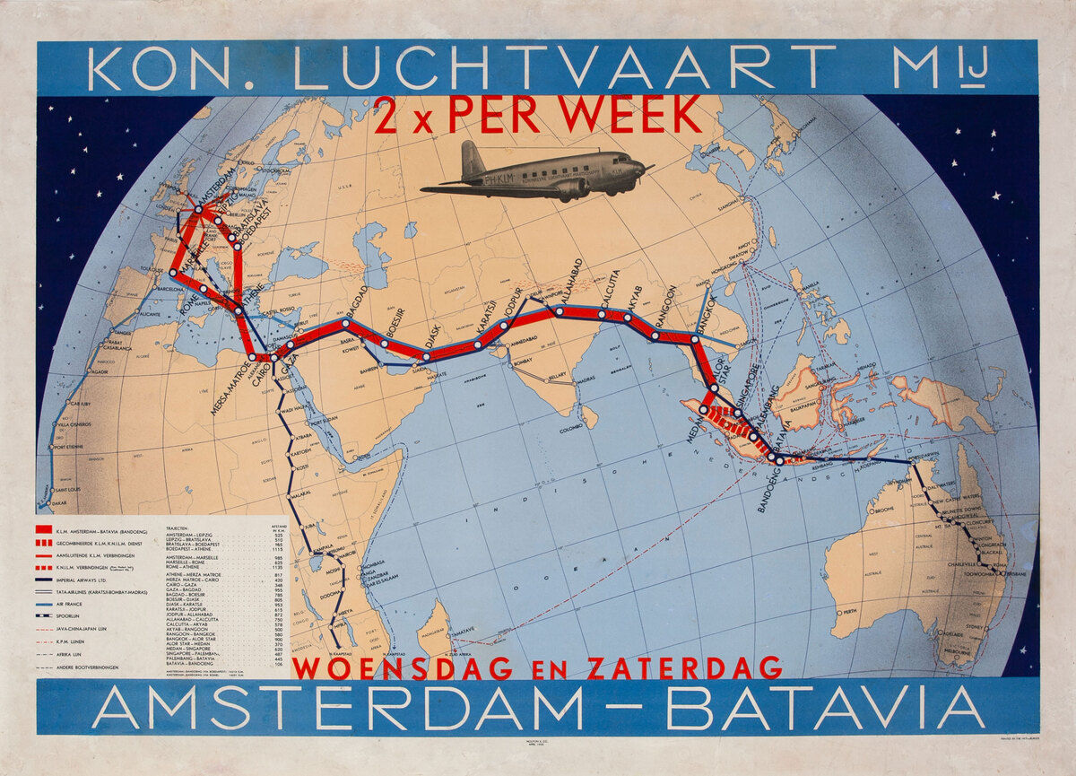 KLM Route Map - Kon Luchtvaart Mij 2x Per Week - Amsterdam -Batavia