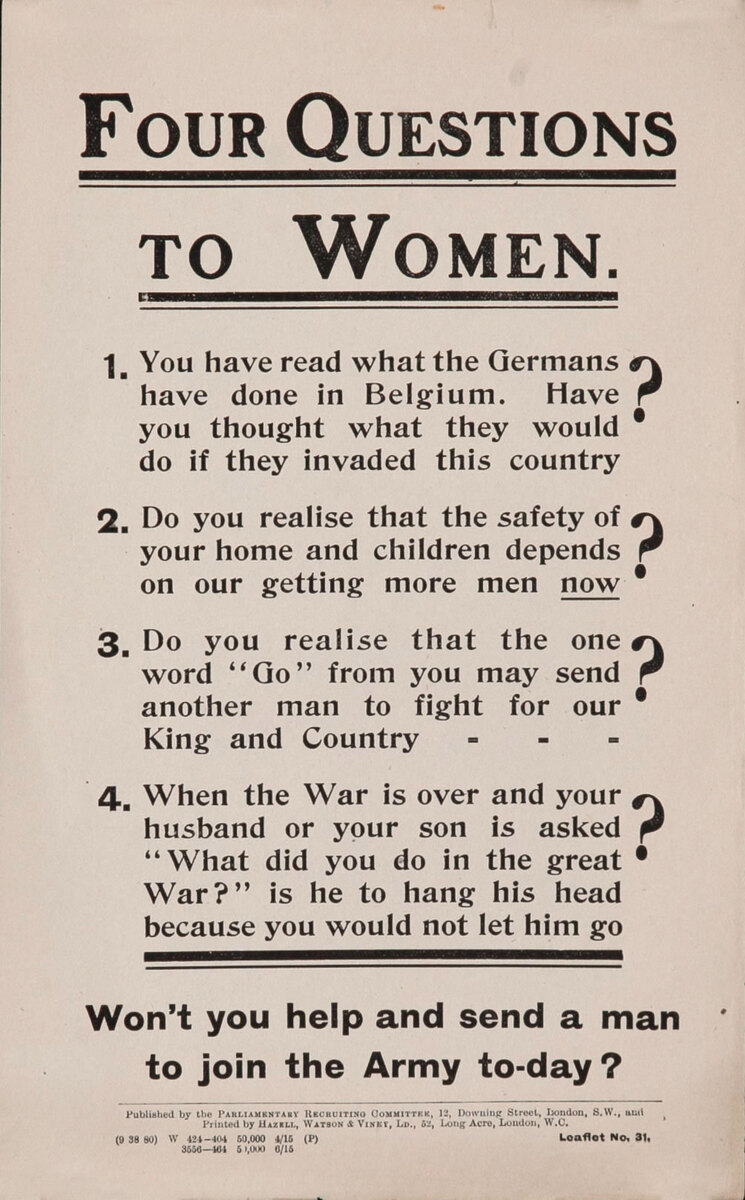 Four Questions To Women  - British WWI Parliamentary Recruiting Committee Leaflet N0 31