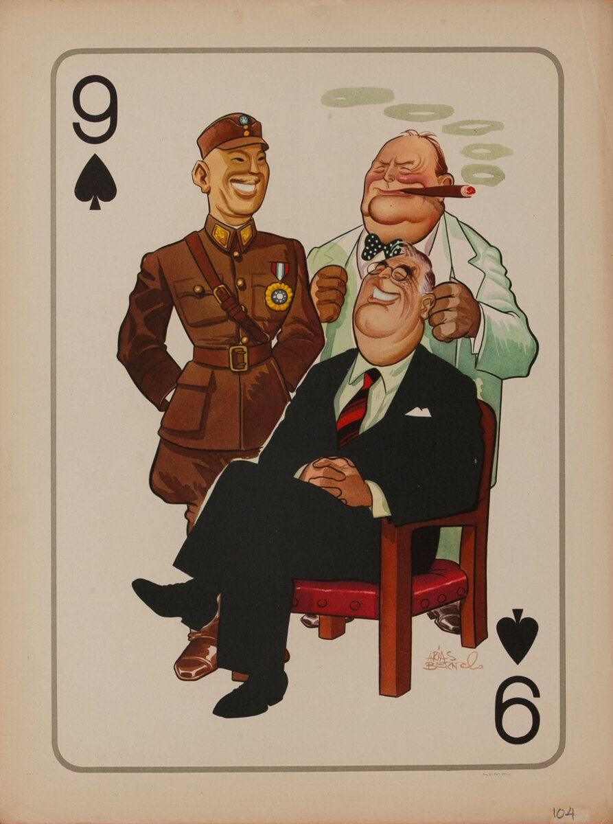 WWII Satire Playing Card - 9 Spades Roosevelt, Churchill and Chiang Kai Shek