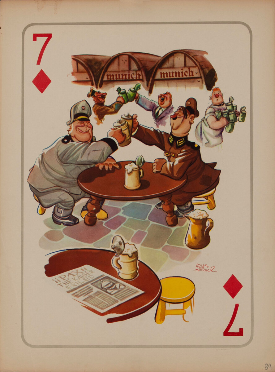 WWII Satire Playing Card - 7 Diamonds Hitler raising a stein in a Munich beer garden