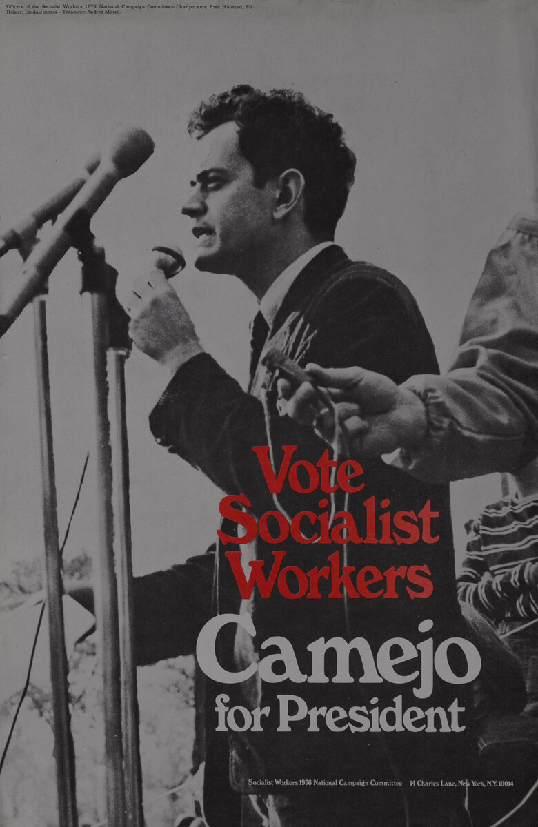 Vote Socialist Workers -Peter Camejo for President speaking at microphone