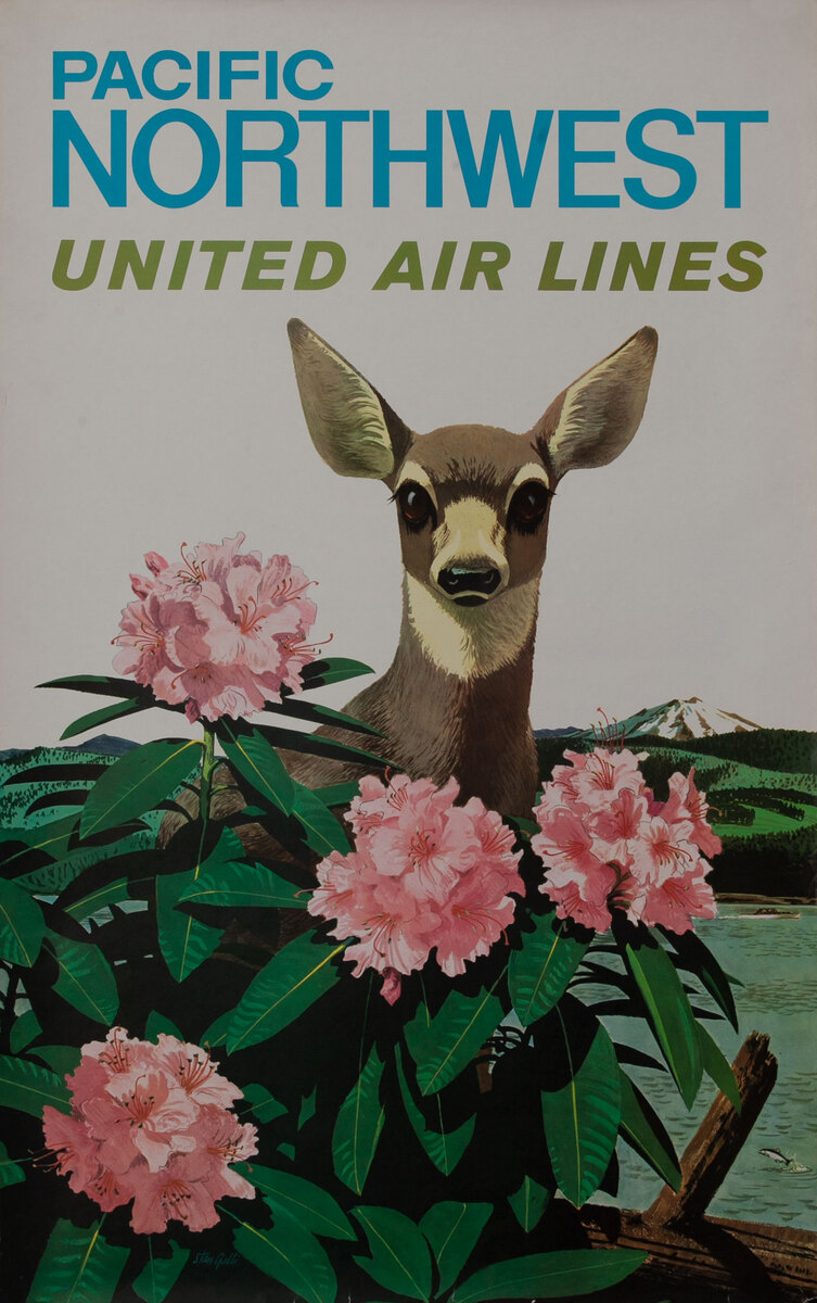United Air Lines Travel Poster, Pacific Northwest Deer (blue type) 