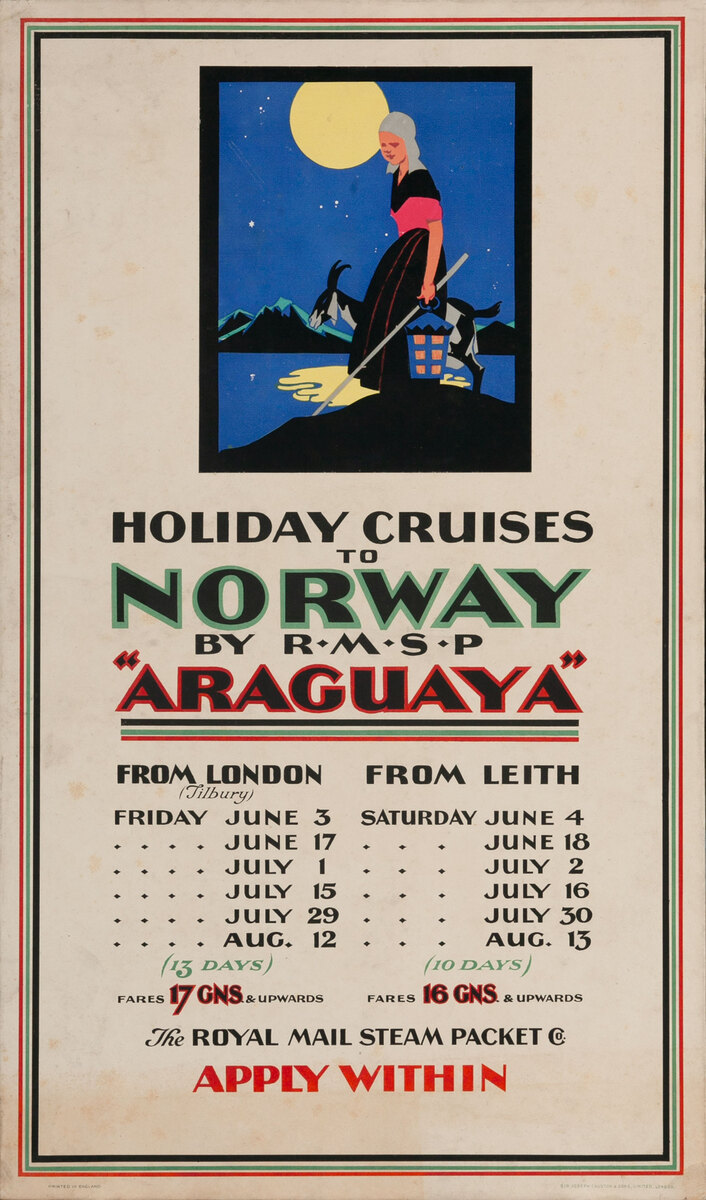 Holiday Cruises to Norway By RMSP Araguaya Royal Mail Steam Packet Poster