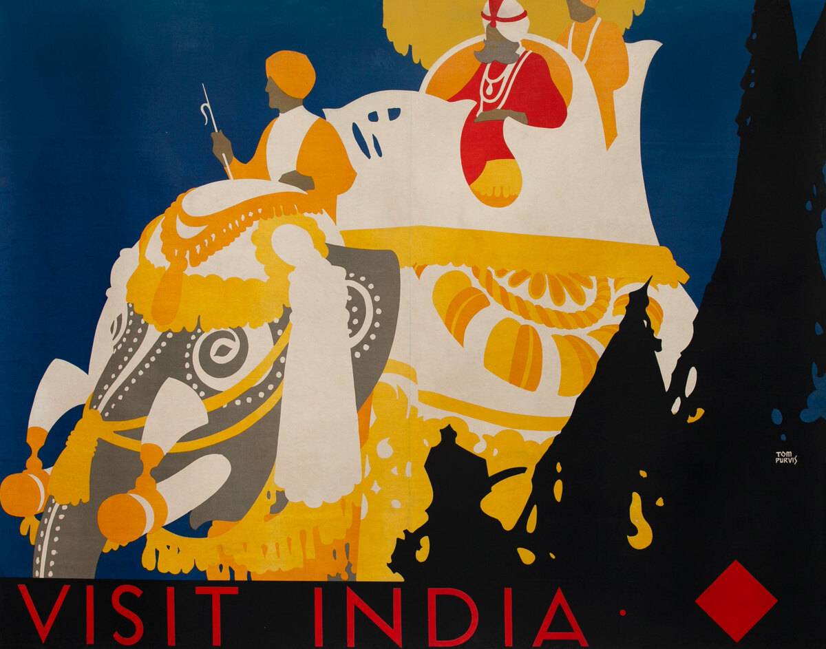 Visit India Travel Poster Elephant with saffron clothes