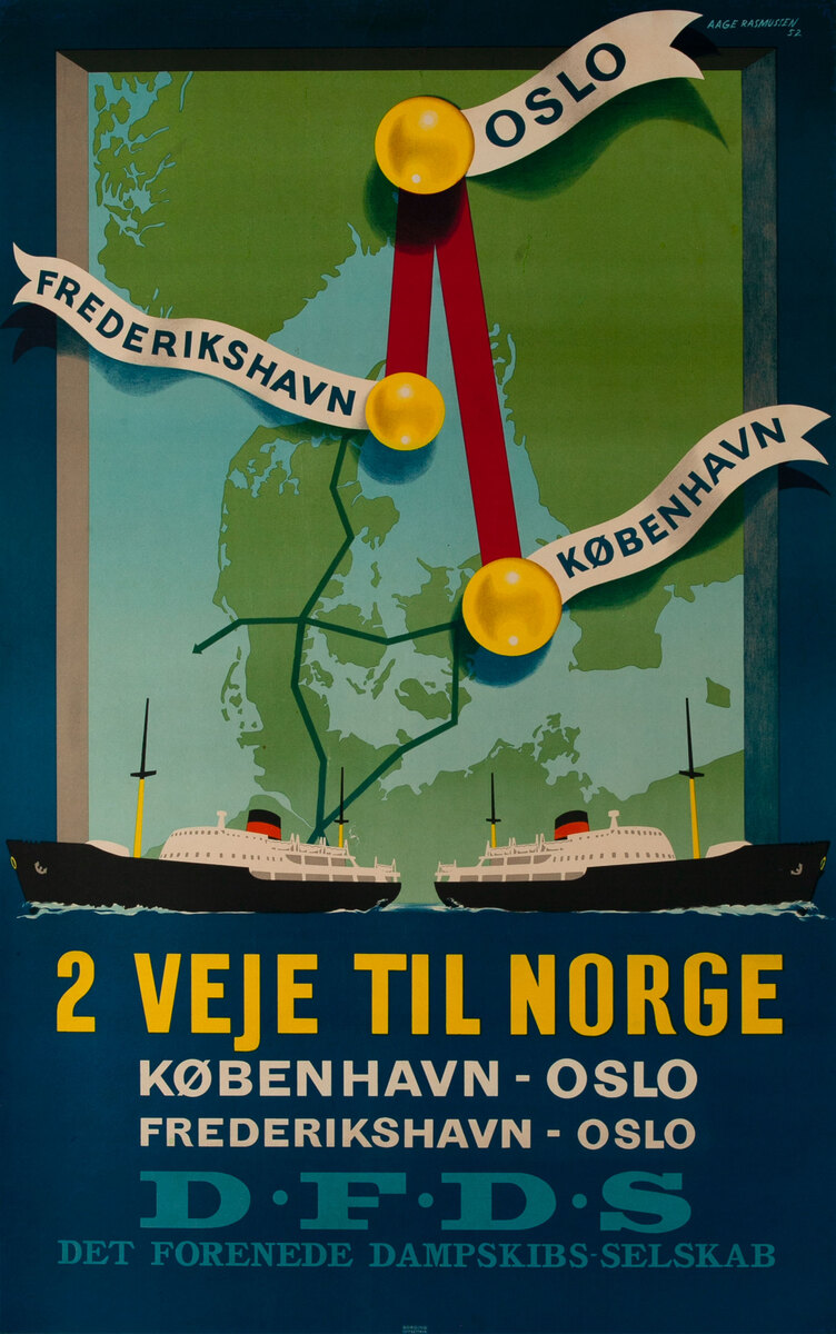 DFDS Danish Ferry Lines Poster 2 Veje Til Norge -2 Routes to Norway