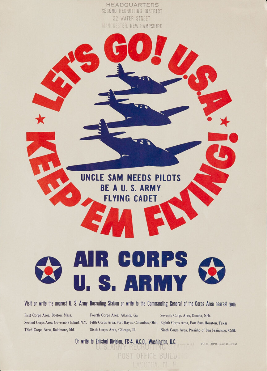 Let's Go USA Keep Em Flying  WWII Air Corp US Ary Recruiting Poster