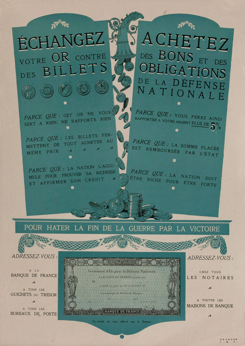 Echangez Votre Or Contre des Billets - Change you Gold for Banknotes  French WWI Poster