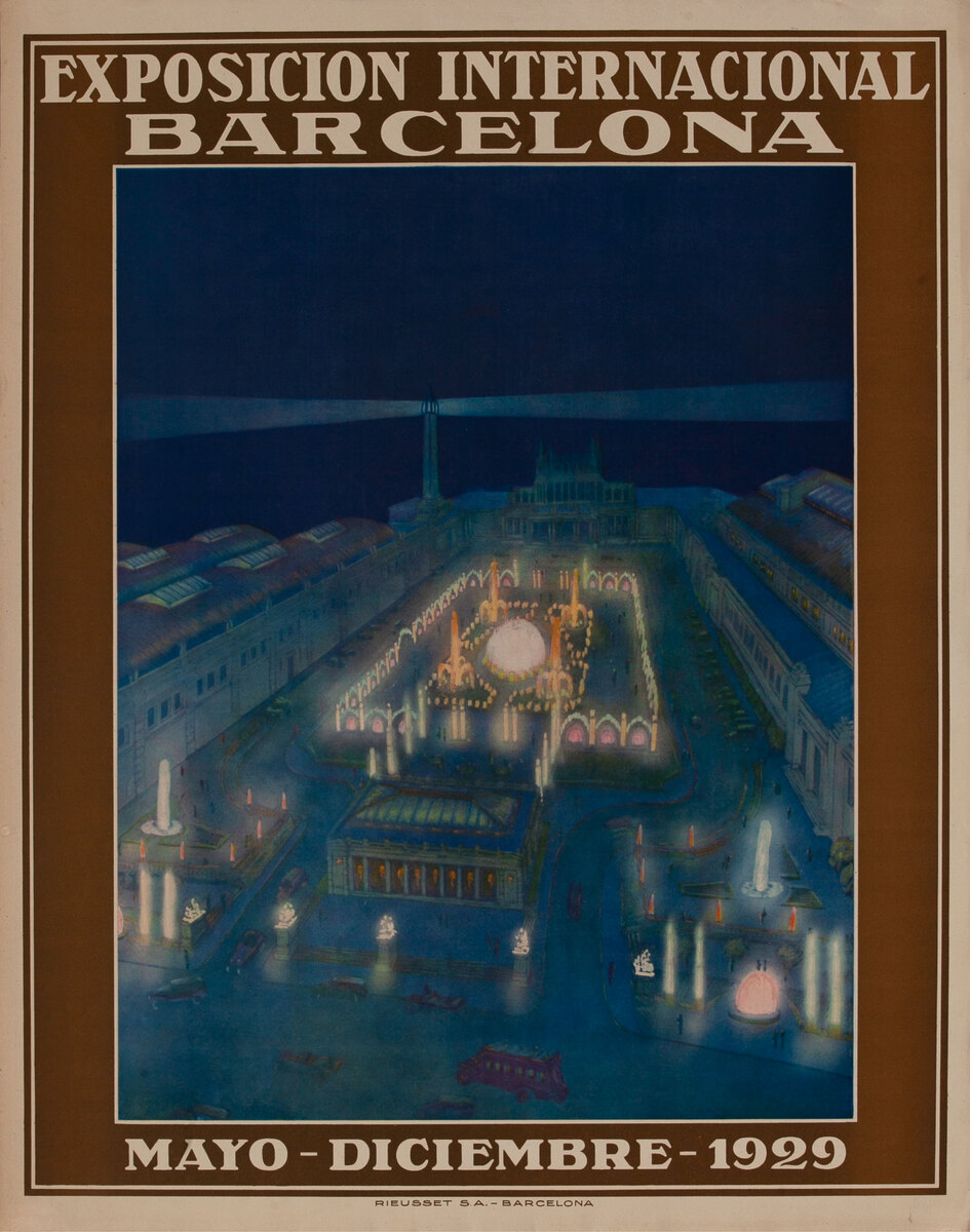 Exposicion Internacional Barcelona - International Exposition Poster 1929 -- Aerial Nightscape