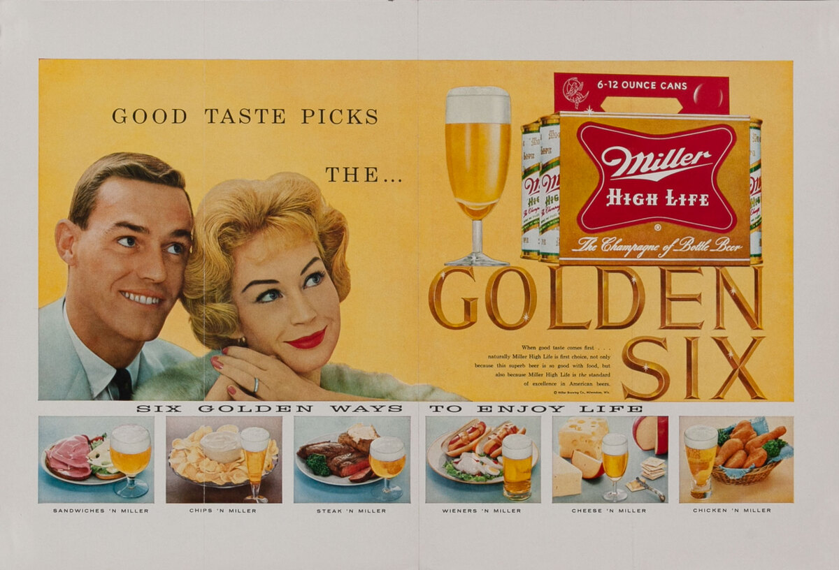 Get the Golden Six - Miller High Life Beer, The Champagne of Bottled Beer - Mini Poster