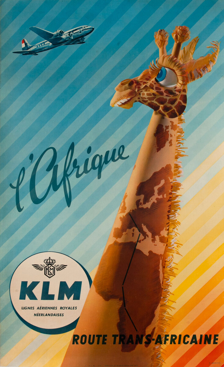 KLM l’Afrique Giraffe Travel Poster Route Trans Africaine