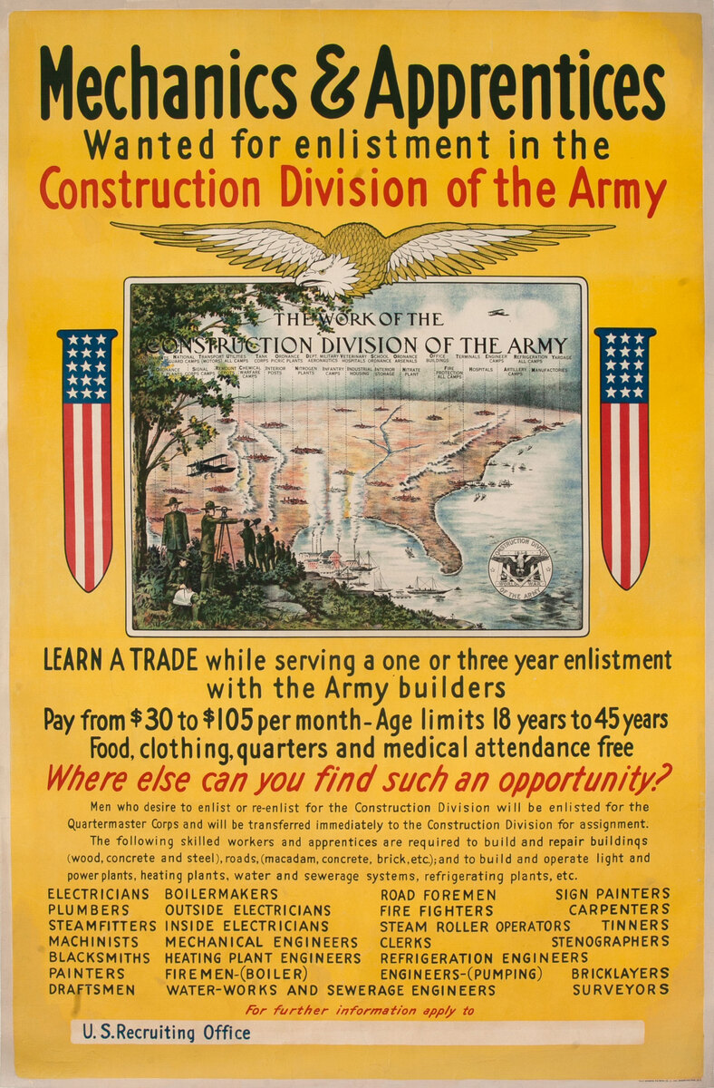 Mechanics & Apprentices Wanted for Enlistment in the Construction Division of the Army