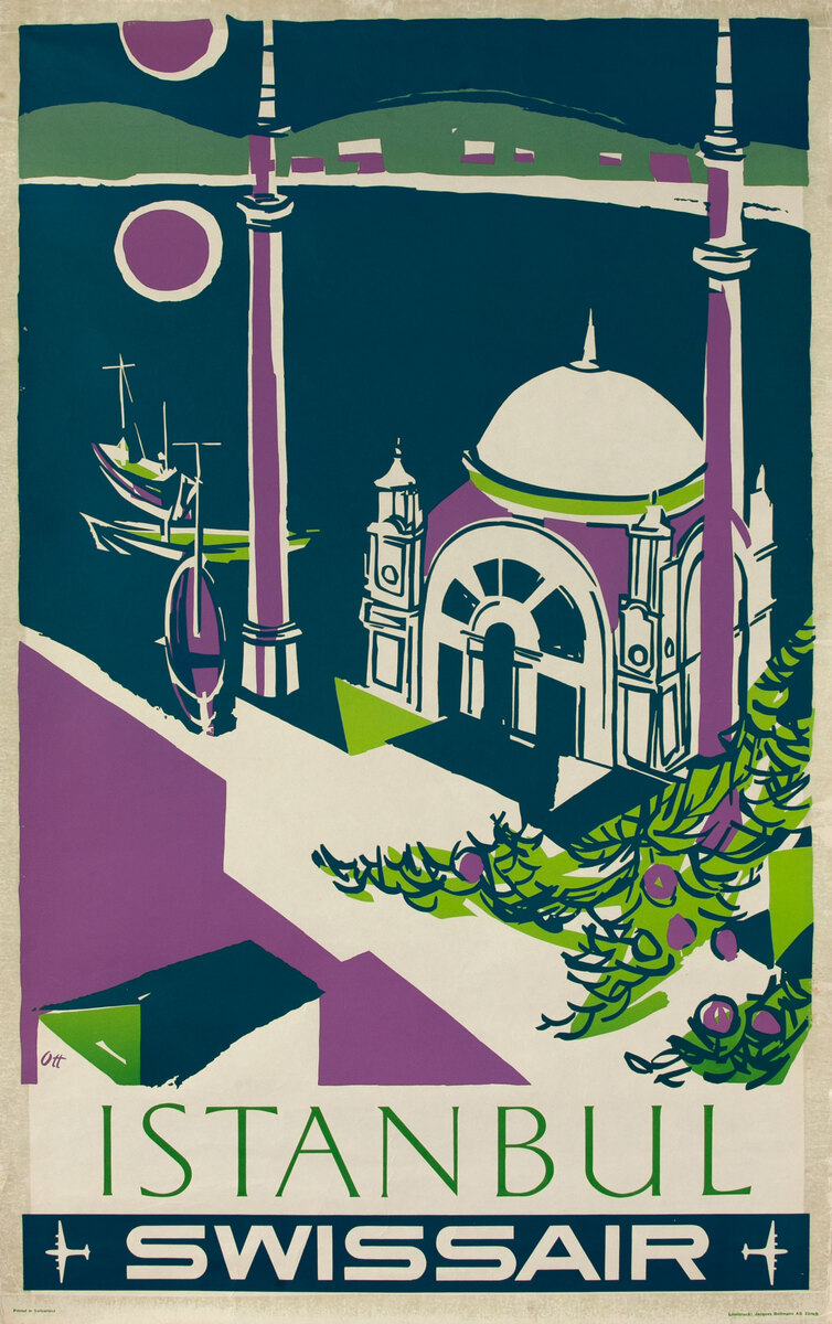 Swissair Istanbul Silkscreen Poster - Dolmabahce Mosque On Bosphorus River;