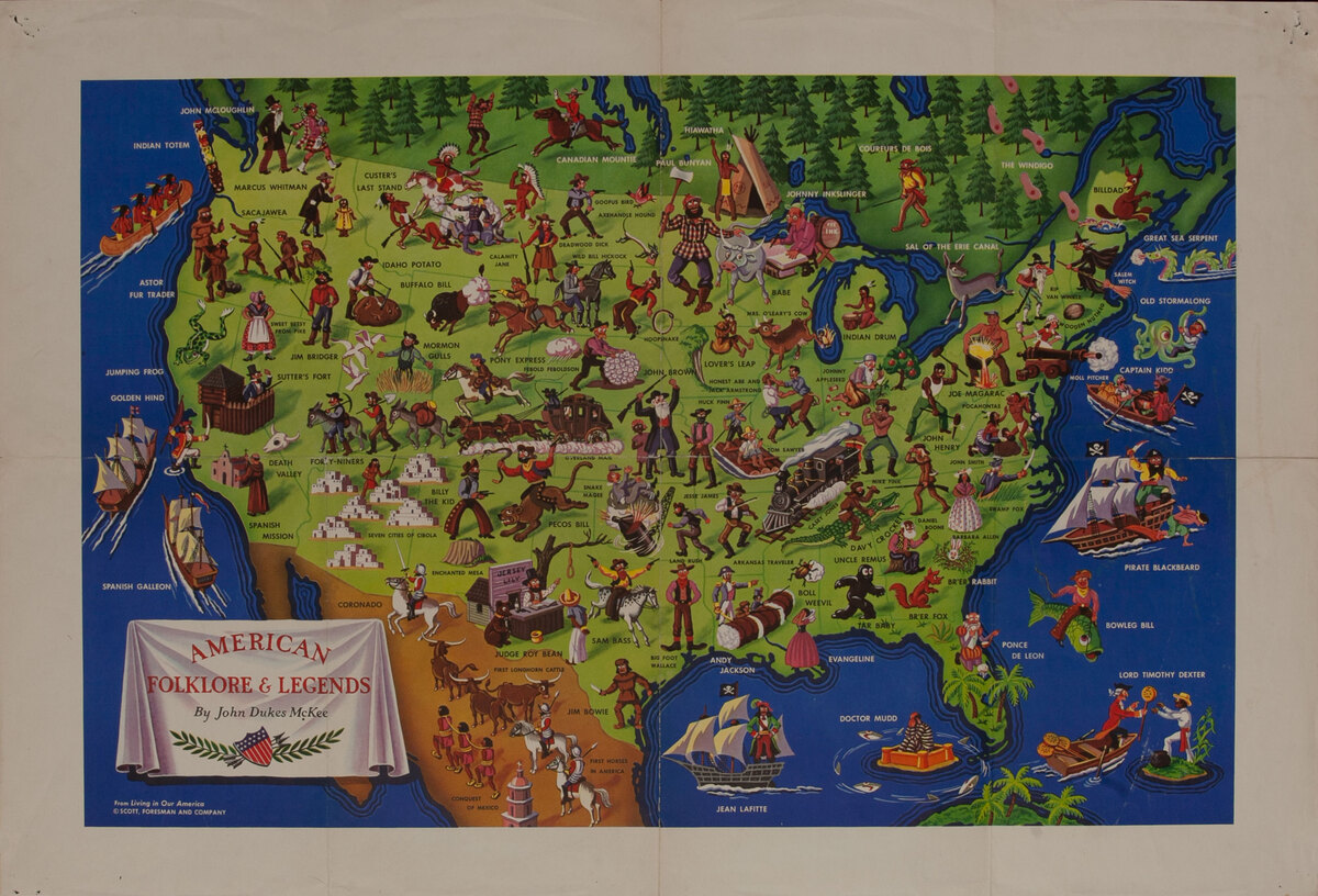 American Folklore and Legends Illustrated Map Poster