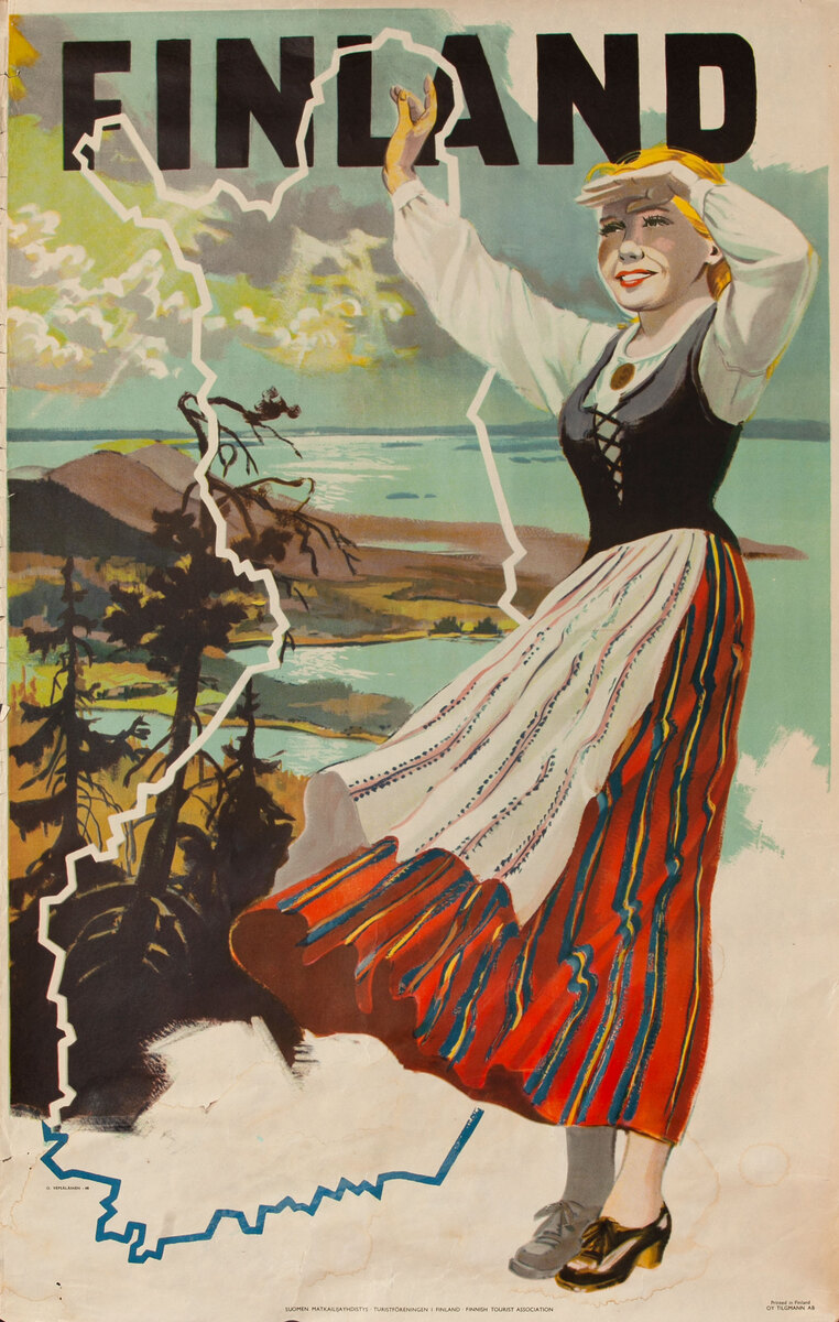 Original Finland Travel Poster Woman in Traditional Costume