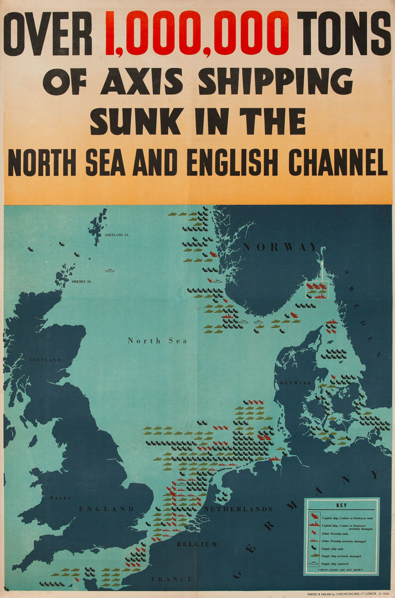 Over 1.000.0000 Tons of Axis Shipping Sunk in the North Sea and English Channel - WWII British Poster English version