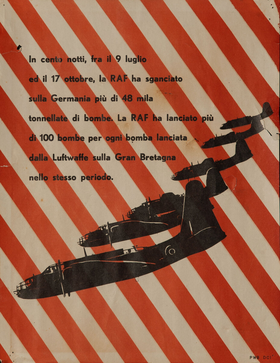 WWII Italian Axis anti-British Propaganda Poster RAF Bombers
