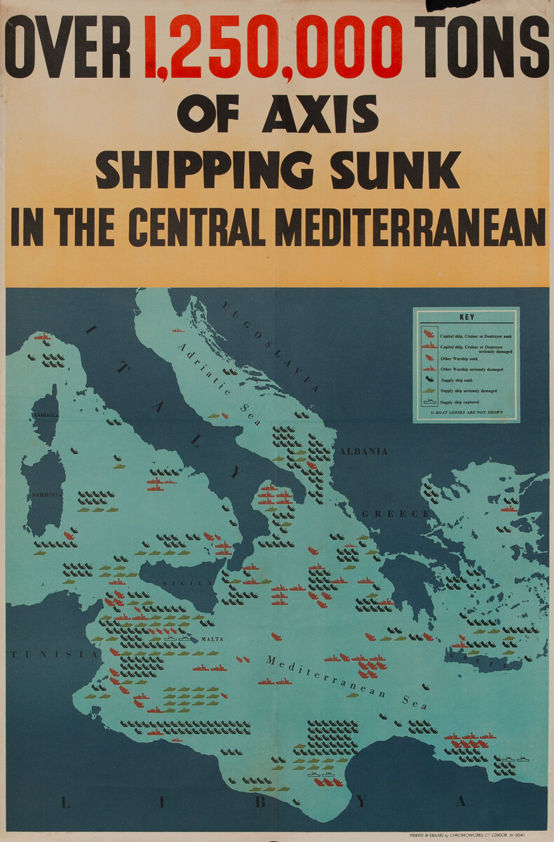 Over 1.250.0000 Tons of Axis Shipping Sunk in the Central Mediterranean - WWII British Poster English version