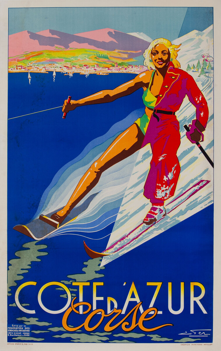 Cote D’Azur Corse Water Skiing Snow Skiing Travel Poster