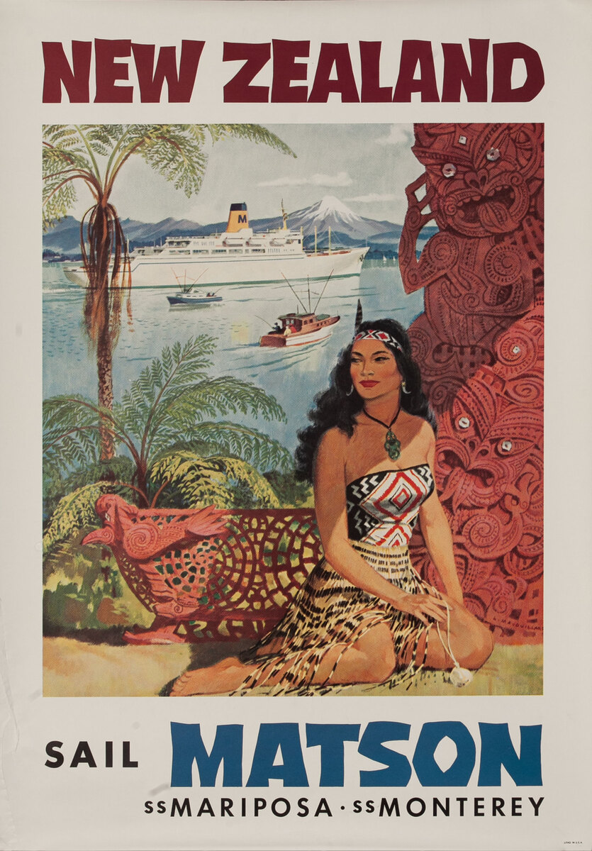 NeZealand Sail Matson SS Mariposa SS Monterey Original Cruise Ship Travel Poster