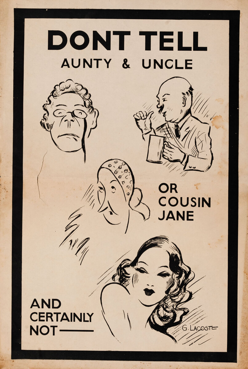 Don’t Tell Aunty & Uncle or Cousin Jane and Certainly Not---  WWII Anti Espionage Poster