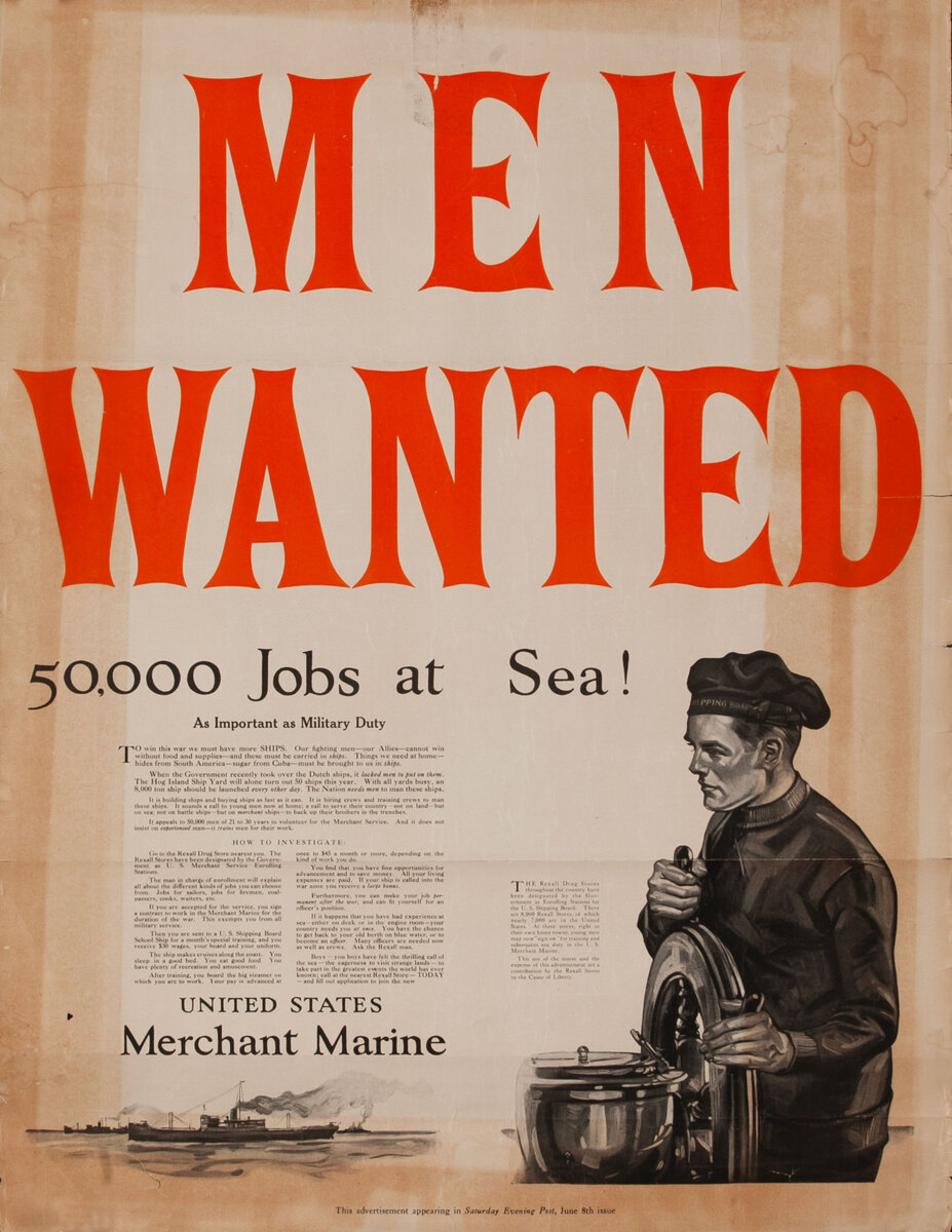 Merchant Marine Men Wanted 50000 Jobs at Sea WWII Recruiting Poster