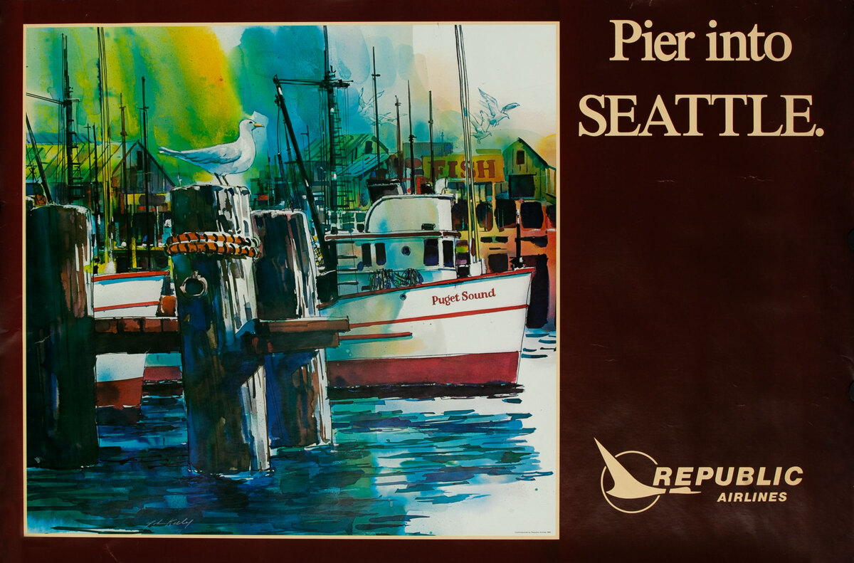 Republic Airlines Pier into Seattle Travel Poster 