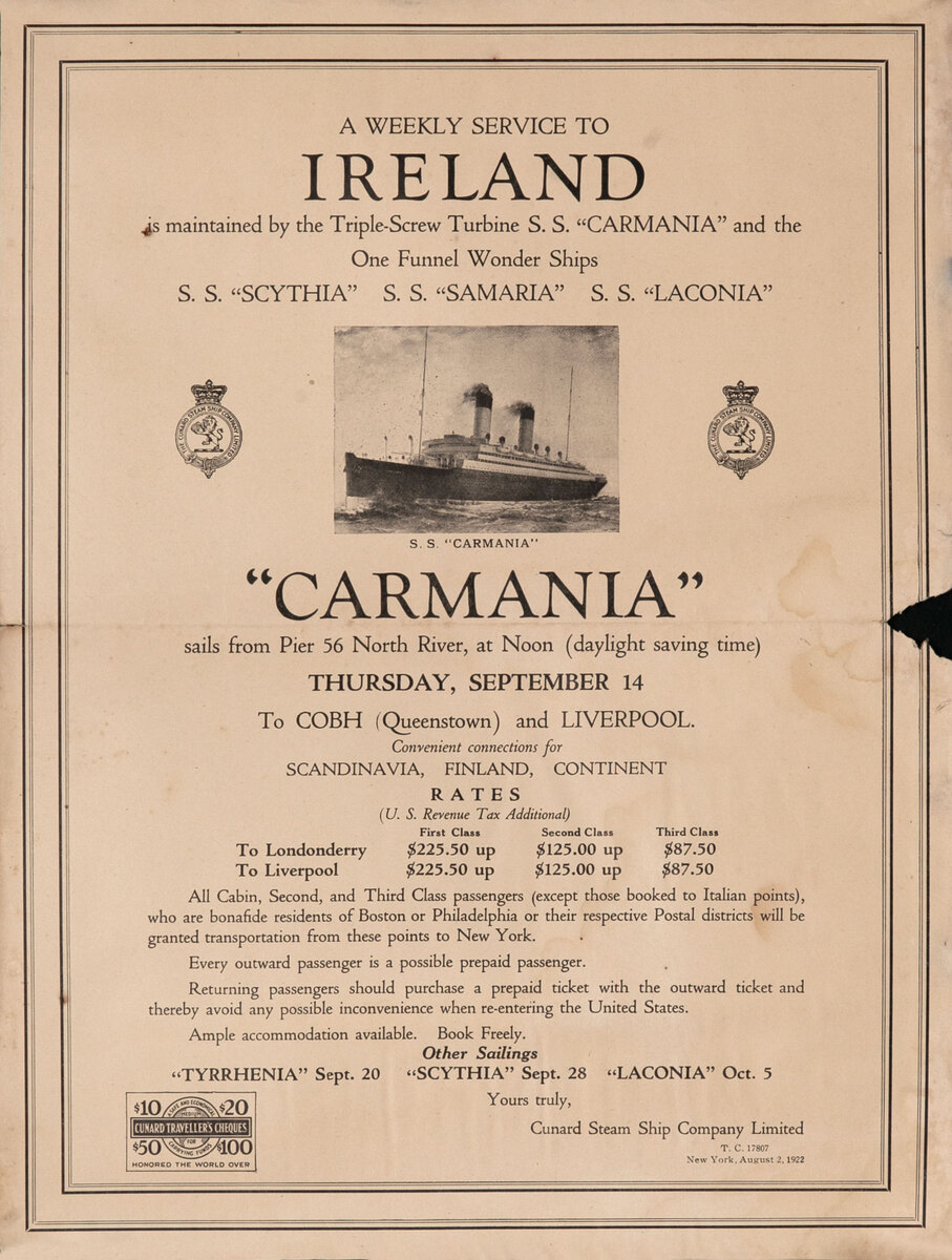 Cunard Steam Ship Lines - S.S. Carmania New York to Queenstown and Liverpool