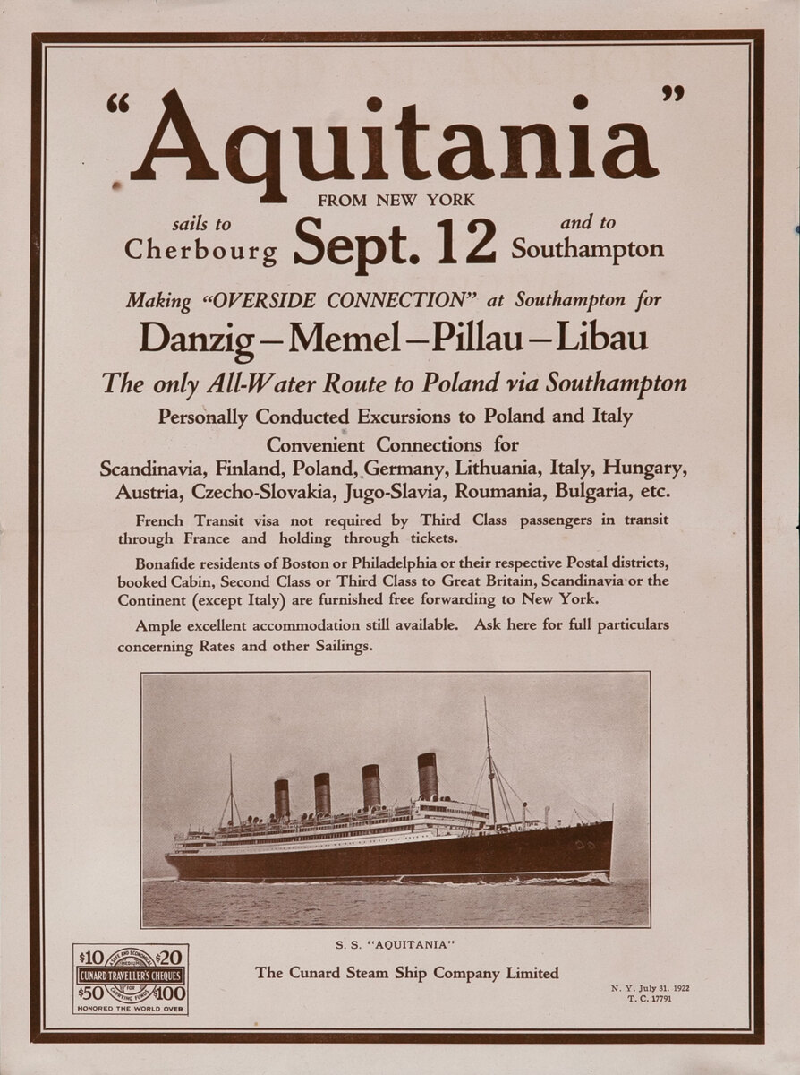 Cunard Steam Ship S.S. Aquitania From New York to Cherbourg and Southampton