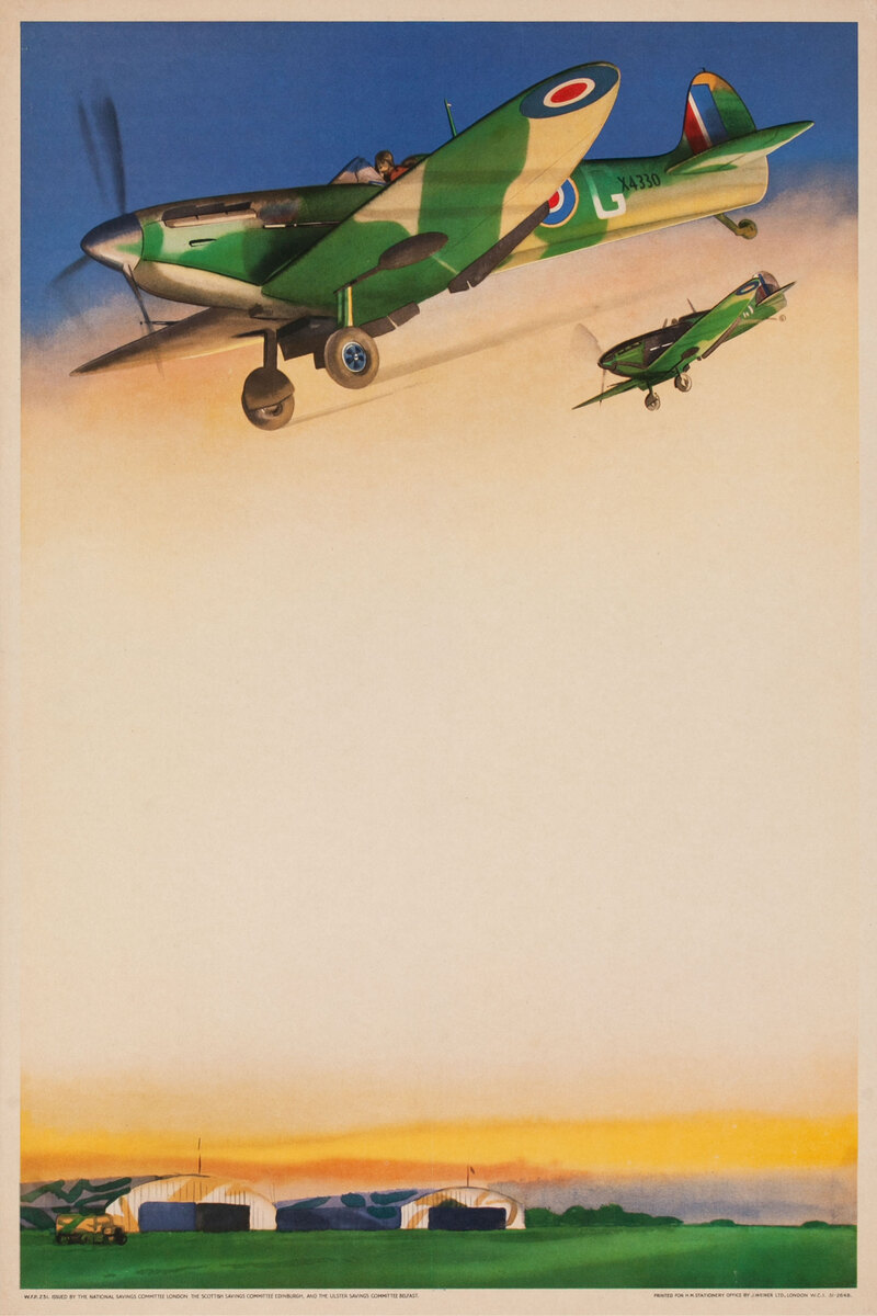 British post-WWII Poster, Spitfires Flying over Airfield