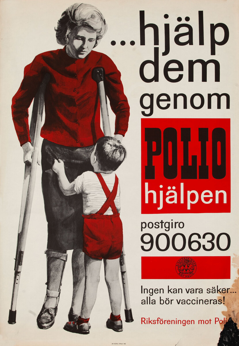 hjälp dem genom  Polio hjalpen - Help Them Trought Polio Aid Swedis Health Poster