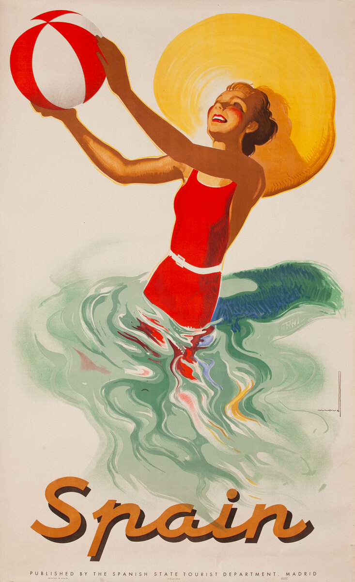 Spain Travel Poster Women with Beach Ball and Sun Hat