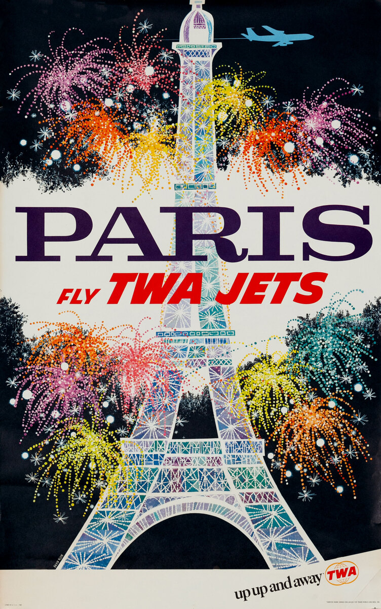 Paris Fly TWA JETS -Up Up and Away Travel Poster Small Size