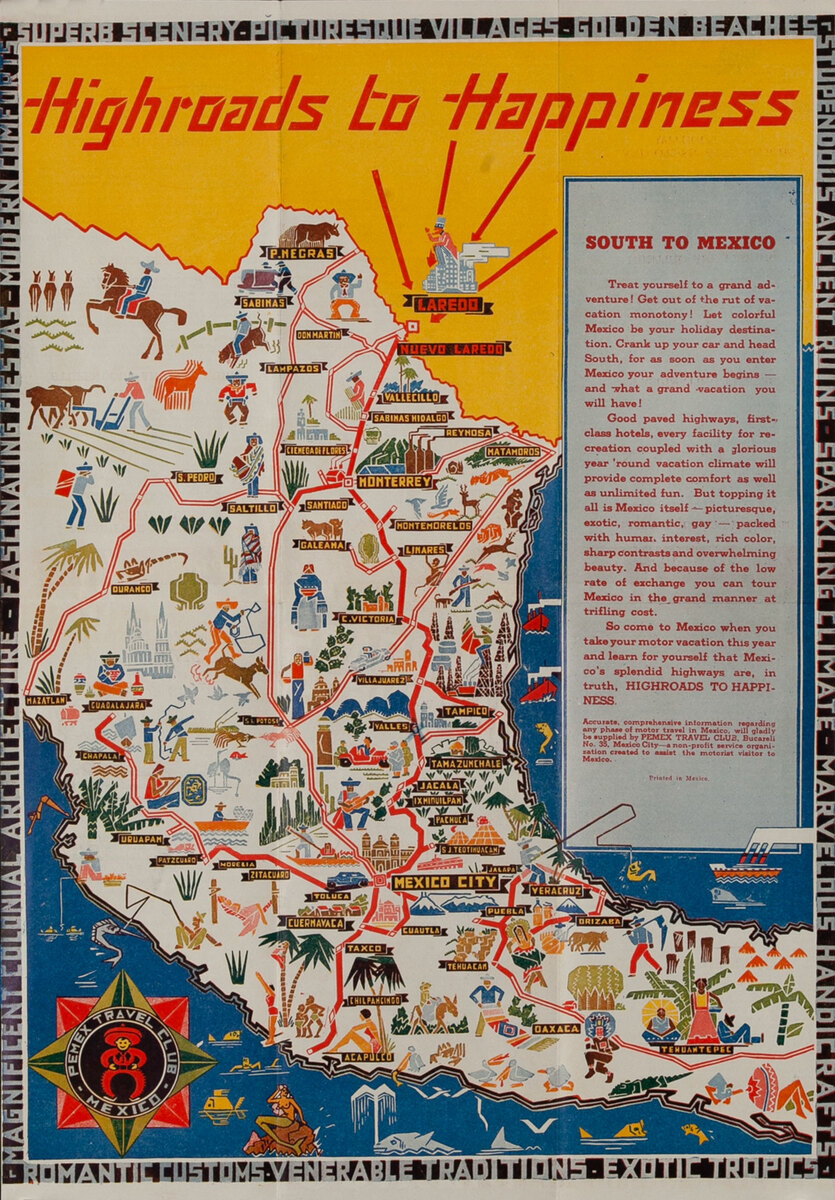 High Road to Happiness, South to Mexico Travel Poster Map