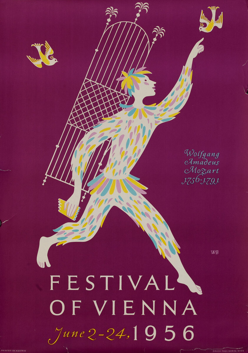 Festival of Vienna, Austria Travel Poster Mozart Magic Flute