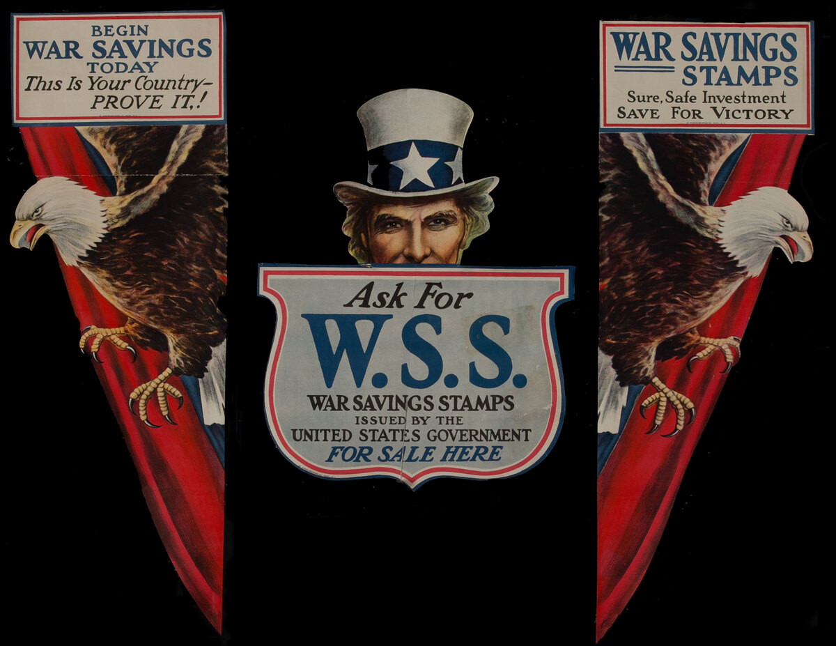 Three Piece WWI War Saving Stamp Window Display Uncle and Bald Eagles 