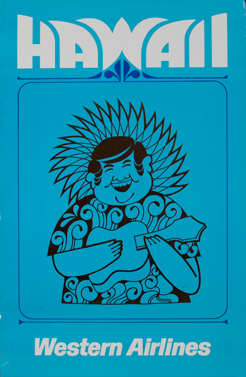 Western Airlines Travel Poster, Hawaii Ukulele Player Blue