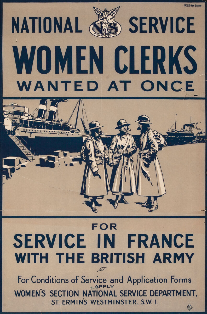 National Service - Women Clerks Wanted at Once - British WWI Recruiting Poster