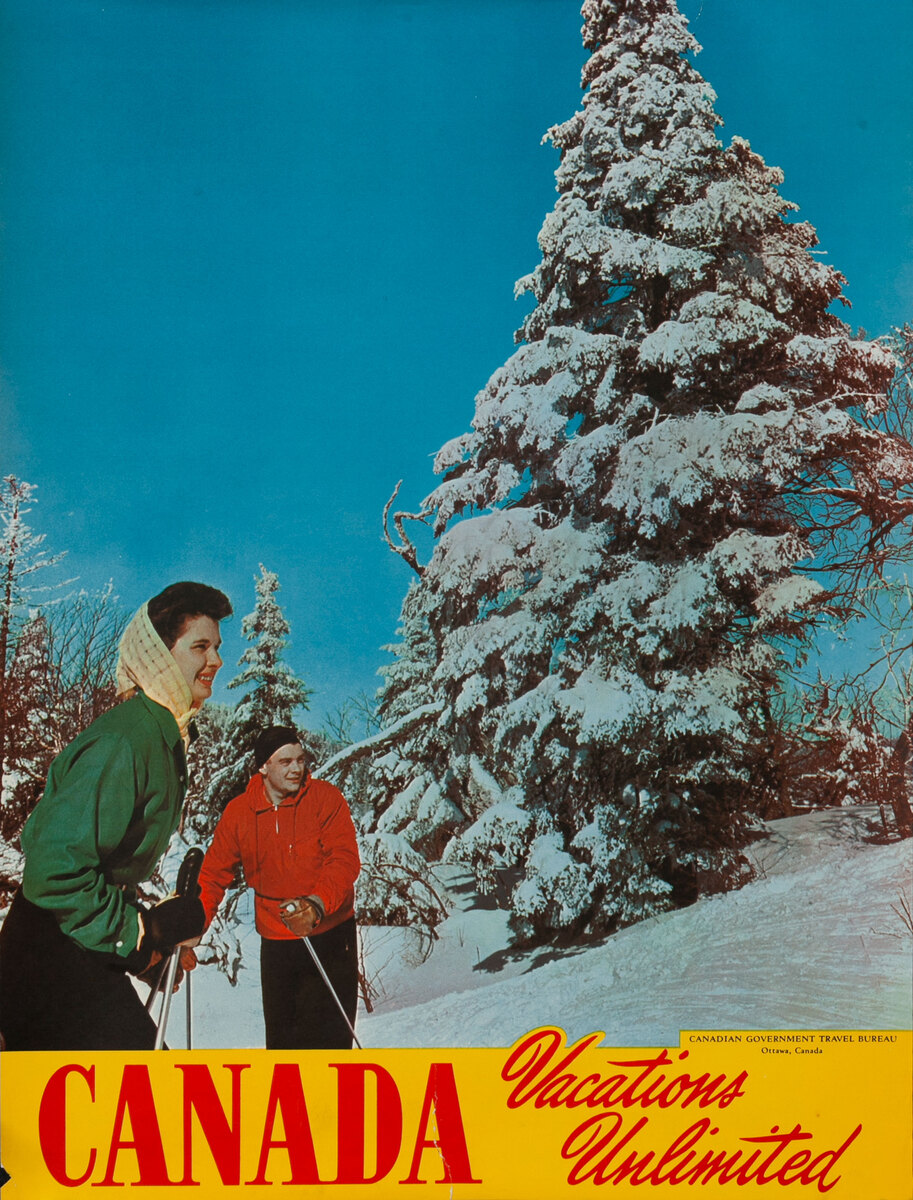 Canada Vacations Unlimited Travel Poster - Couple Skiing