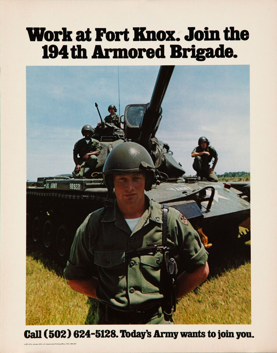 Vietnam War Army Recruiting Poster - Fort Knox 194th Armored Brigade