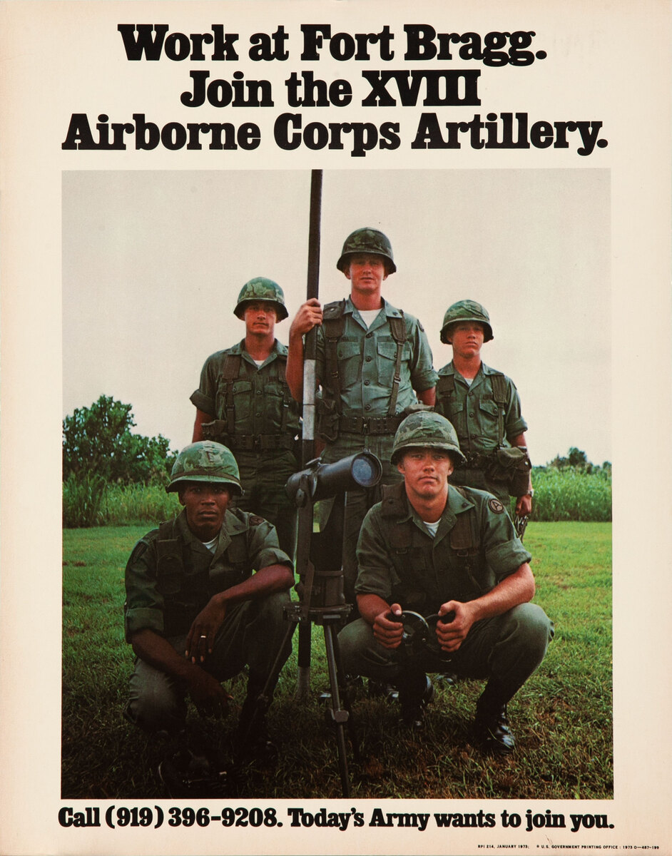 Vietnam War Army Recruiting Poster - Work at Fort Bragg. Join the XVII Airborne Corps Artillery