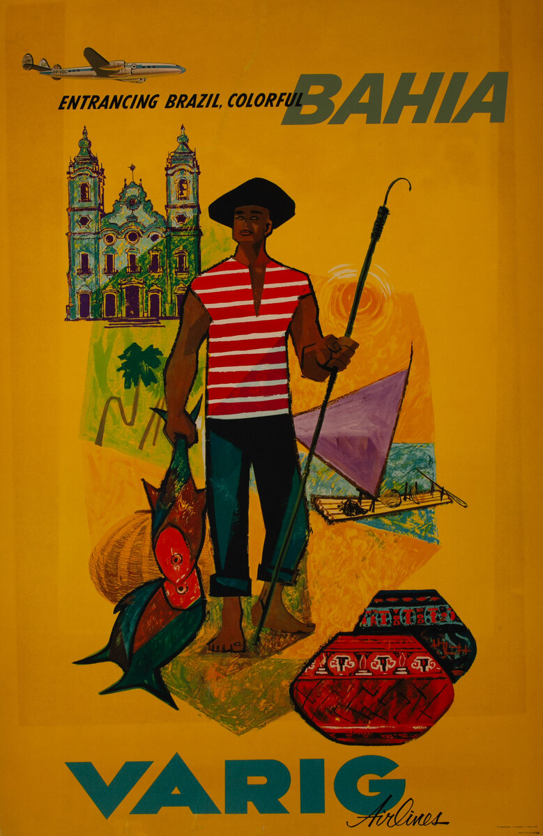 Entrancing Brazil, Colorful Bahia, Original Varig Airlines Travel Poster 