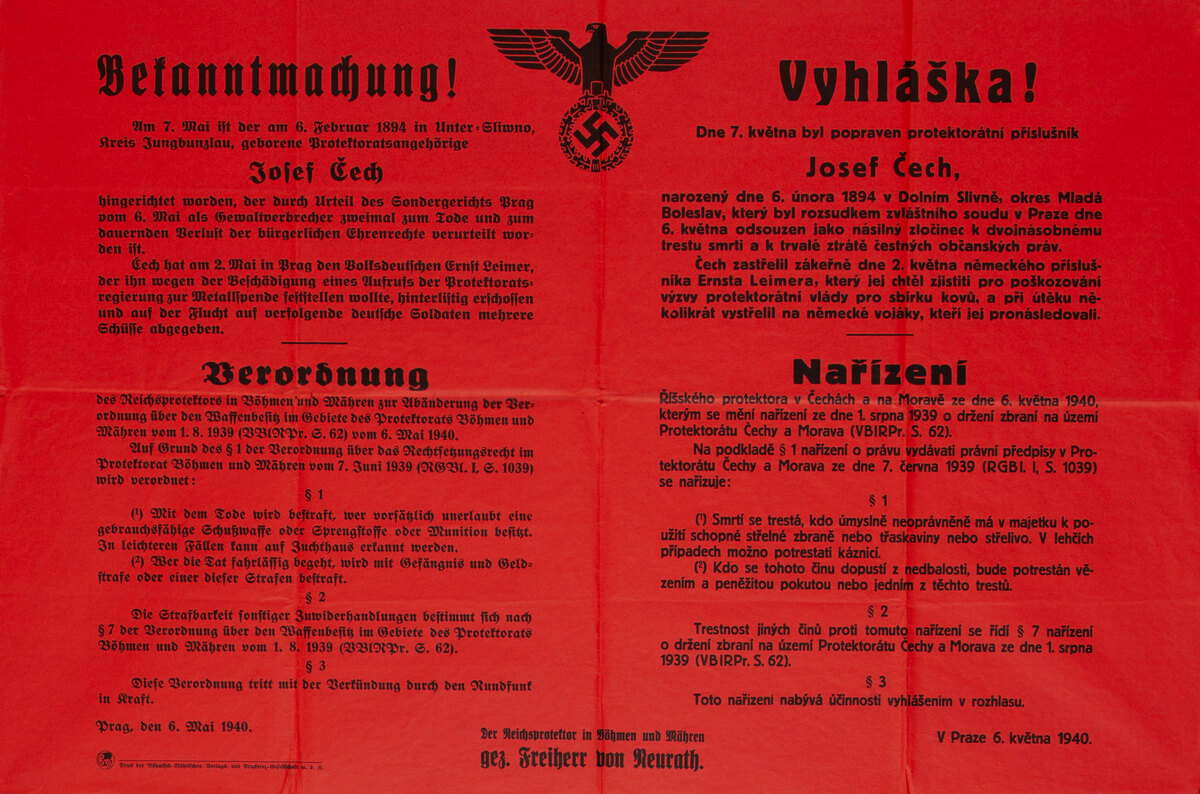 WWII German / Czech Notice of Josef Cech Execution Poster 