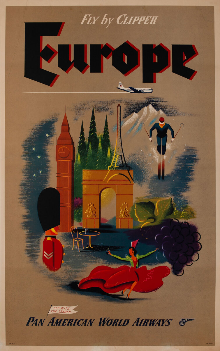 Fly by Clipper Europe Original Pan American World Airways Travel Poster