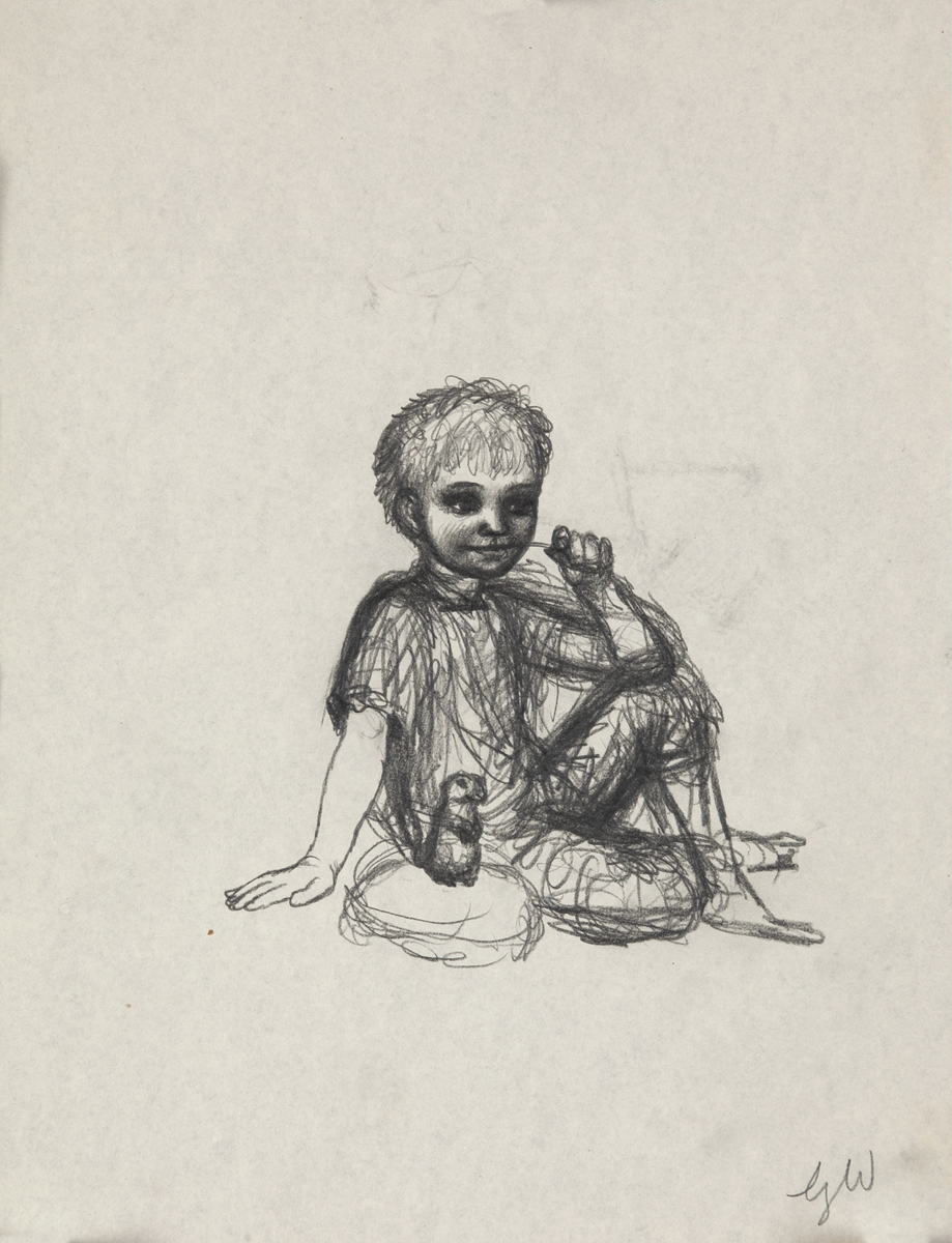 Original Garth William Illustration Art Sitting Boy and Prairie Dog