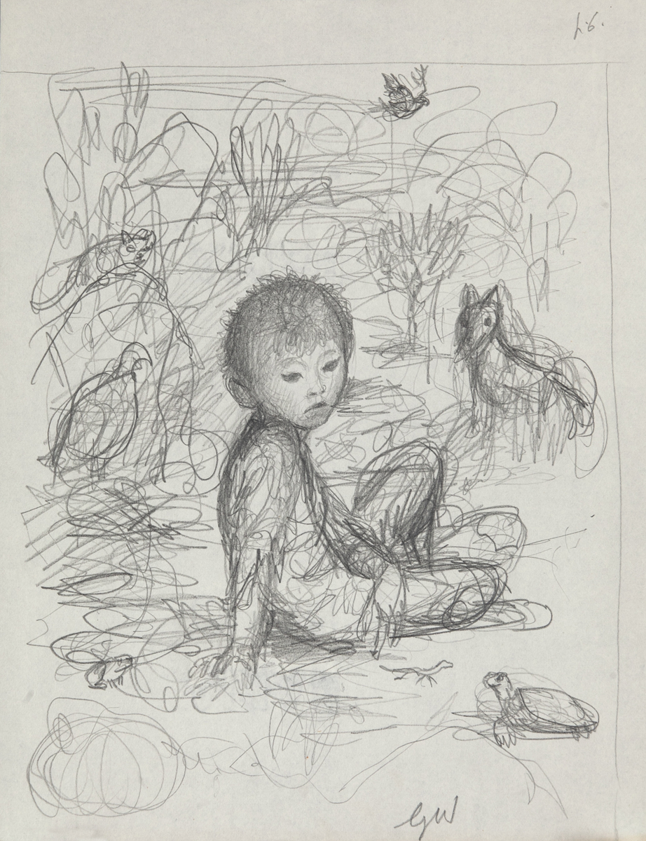 Original Garth William Illustration Art Boy Surrounded by Animals