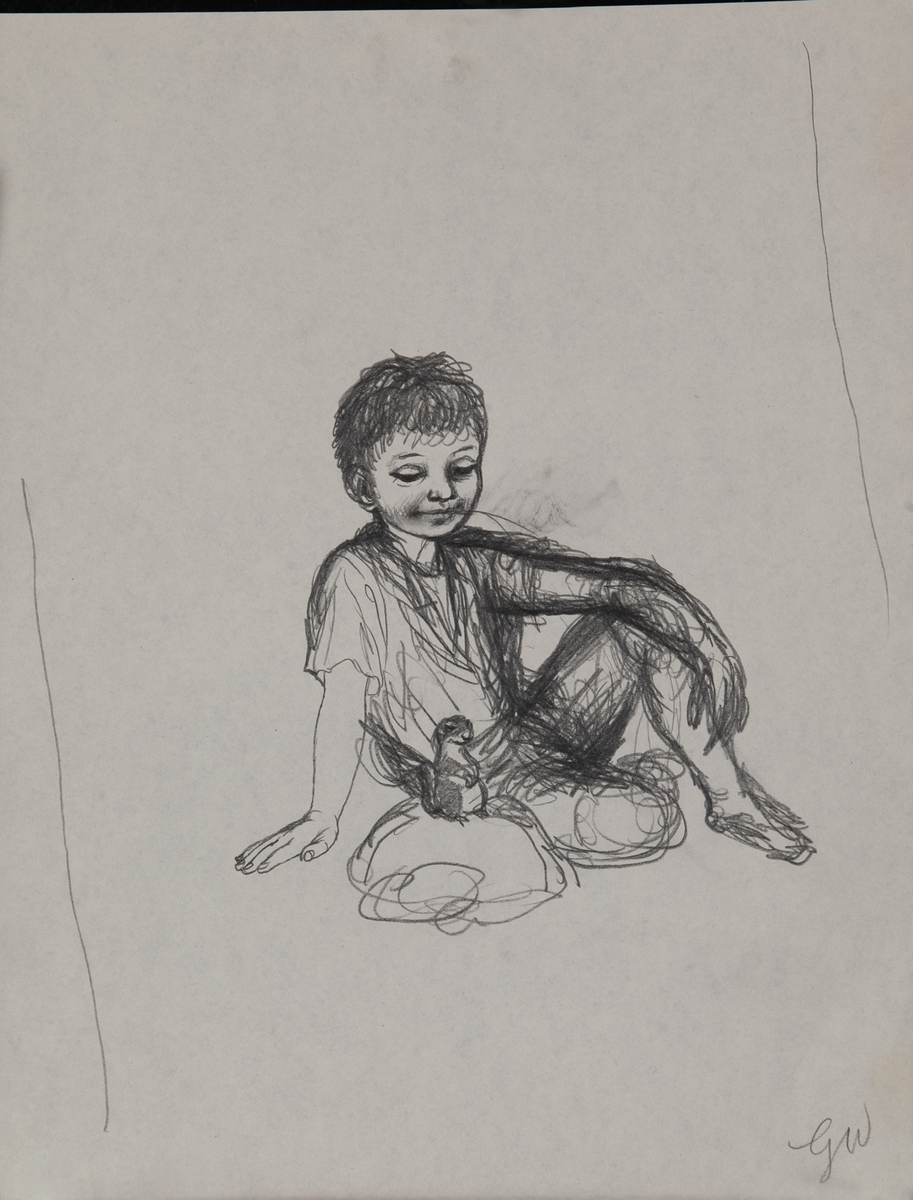 Original Garth William Illustration Art Boy Sitting with Prairie Dog on a Rock