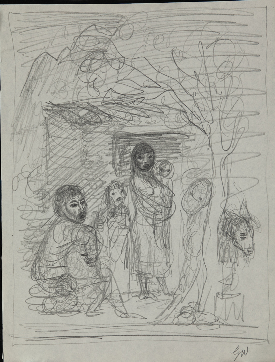 Original Garth William Illustration Art Family in front of Mountain