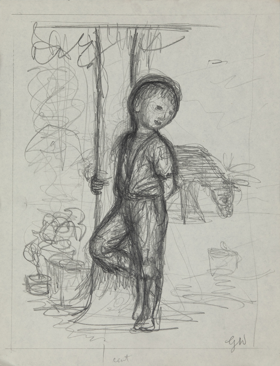 Original Garth William Illustration Art Boy Leaning on Tree In Front of Donkey